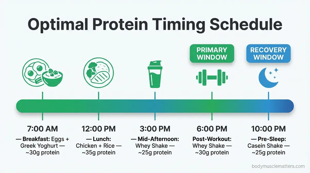 Optimal protein powder timing schedule infographic showing post-workout and pre-sleep windows for muscle building