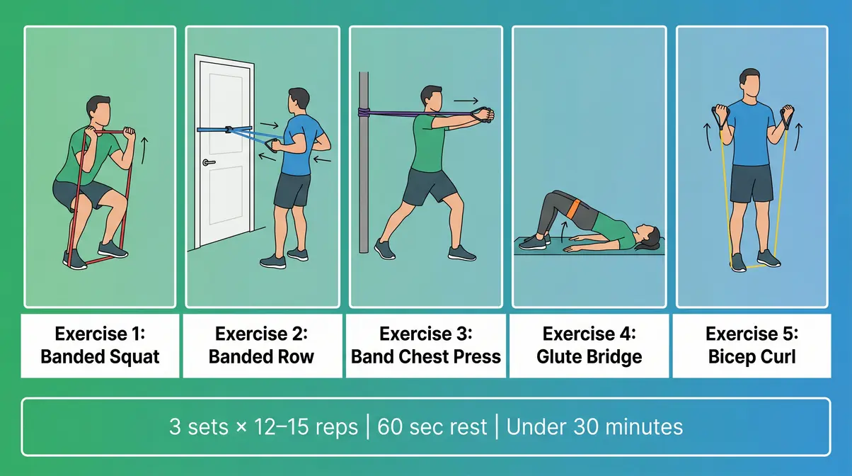 Five beginner resistance band exercises — squat, row, chest press, glute bridge, and bicep curl — shown in sequence