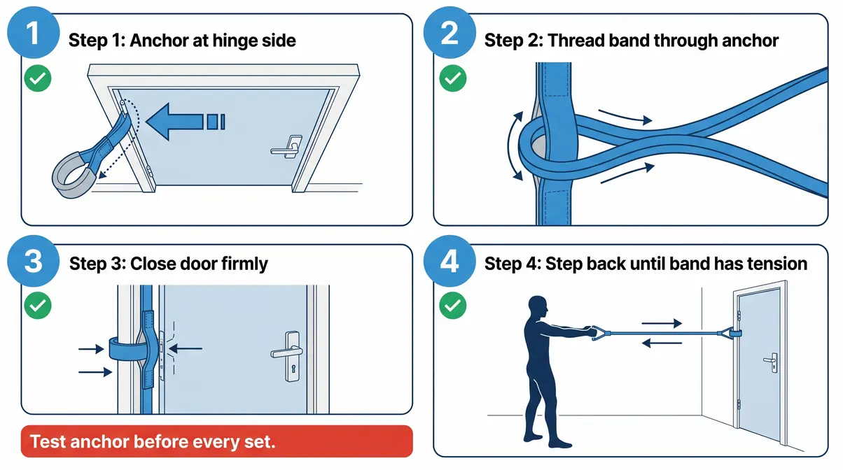 Step-by-step diagram showing how to use a resistance band door anchor safely for beginners