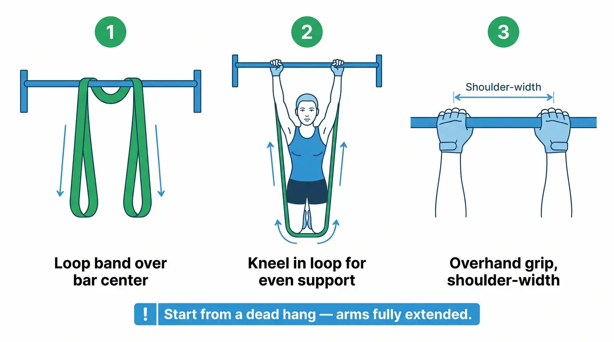 How to use a resistance band for pull-up assistance — setup diagram showing band loop, knee position, and grip