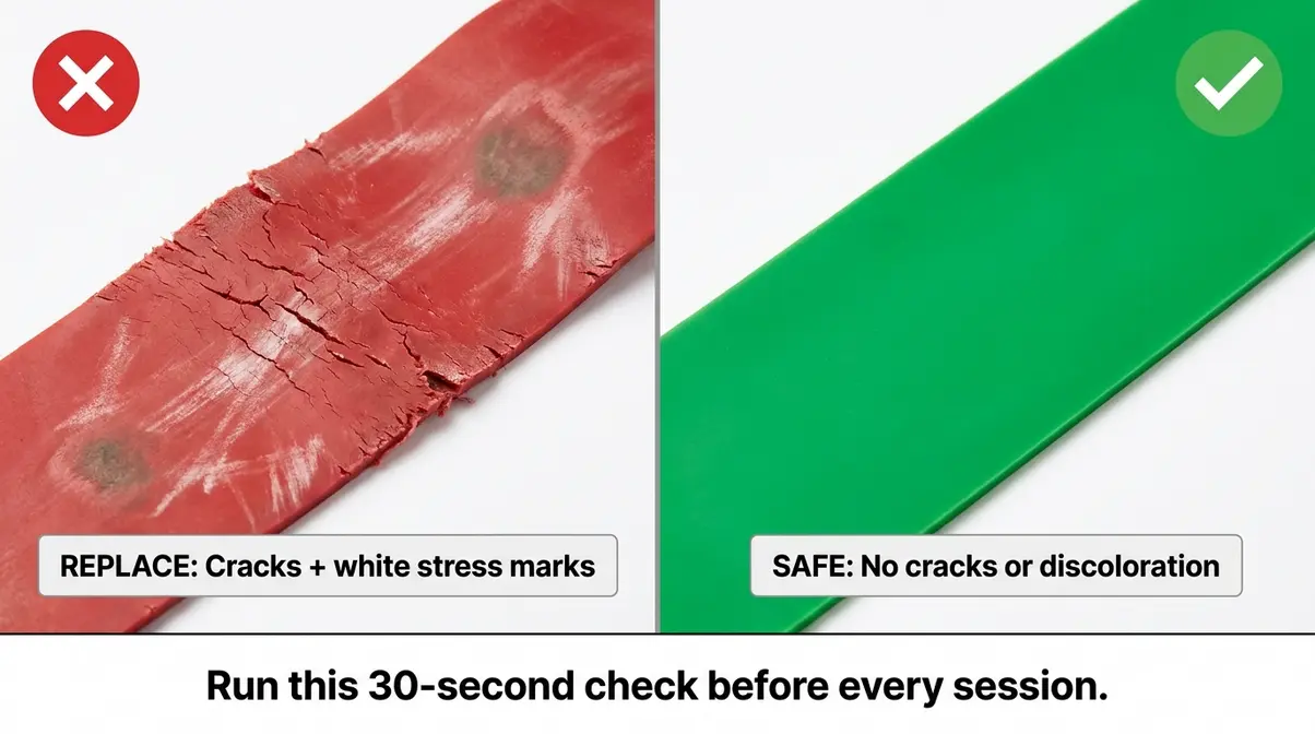 Resistance band inspection showing crack damage versus healthy band — safety check for beginners