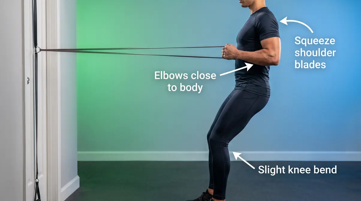 Resistance band row correct form for beginners showing elbow position and upright posture