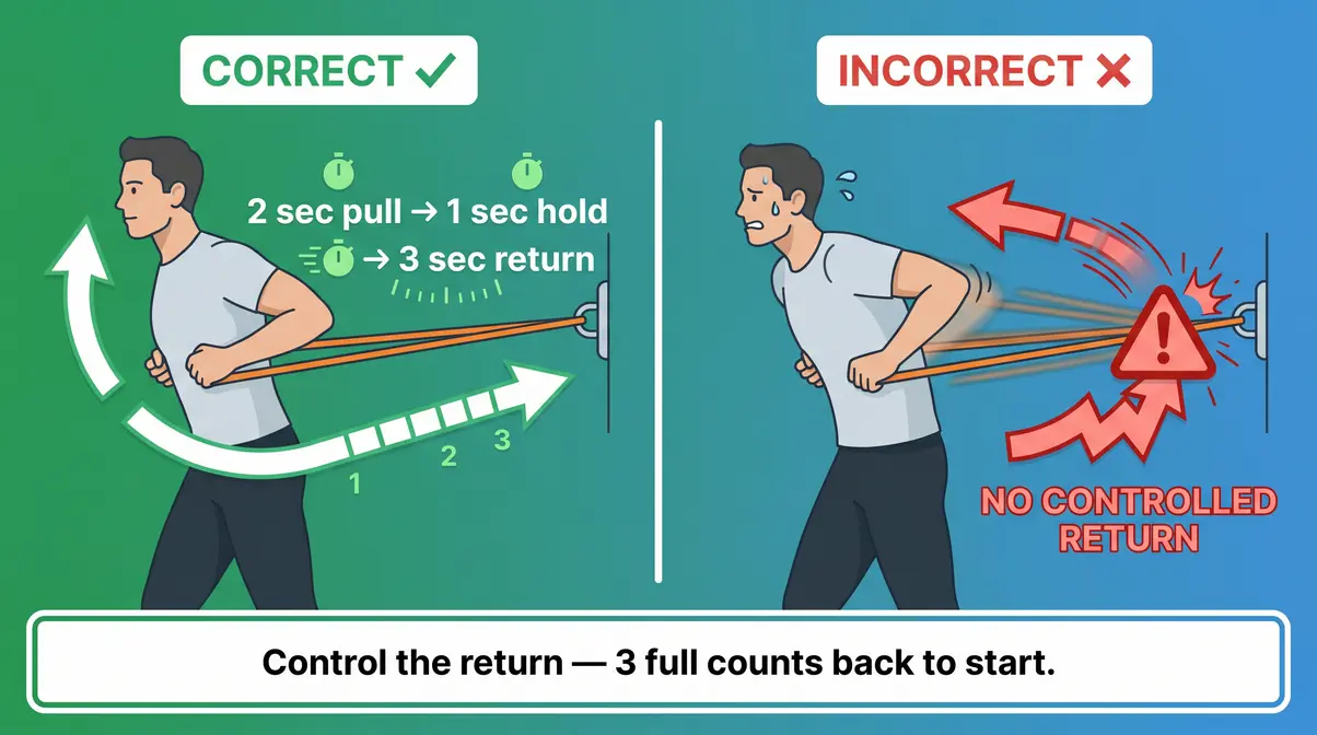 Correct vs incorrect resistance band form showing controlled eccentric return versus snap-back for beginners