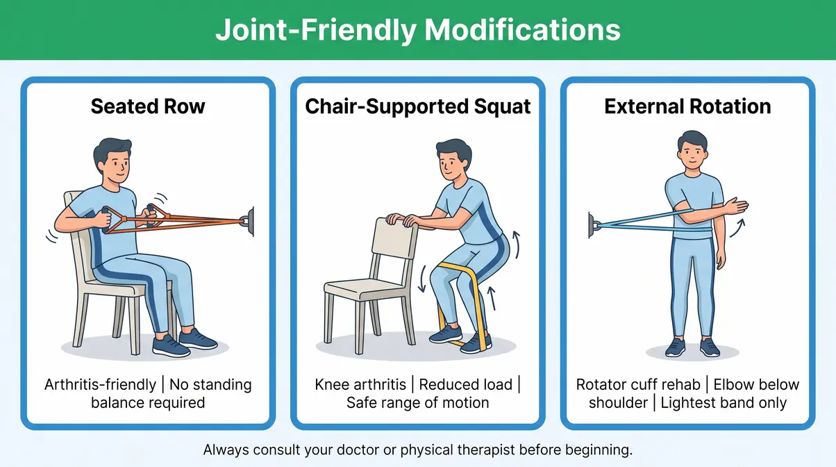 Resistance band modifications for seniors and joint conditions — seated row, chair squat, and rotator cuff external rotation
