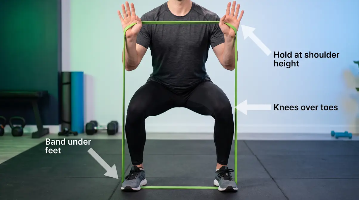 Beginner resistance band squat correct form showing band under feet and upright torso