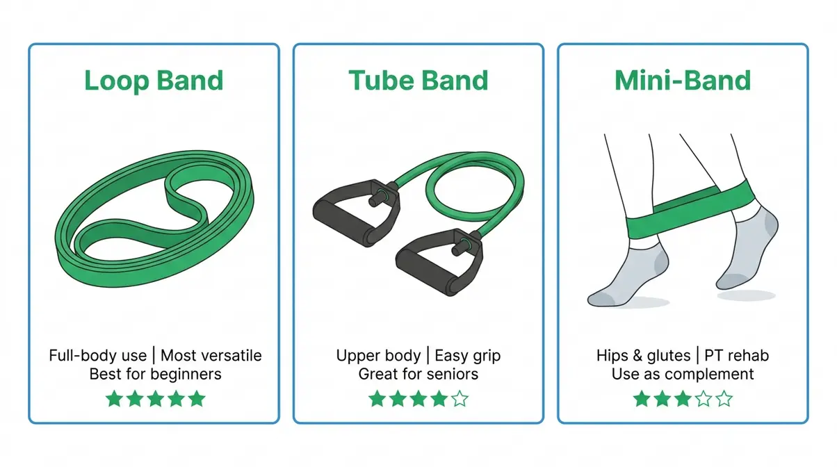 Comparison of three resistance band types — loop, tube, and mini-band — for beginners