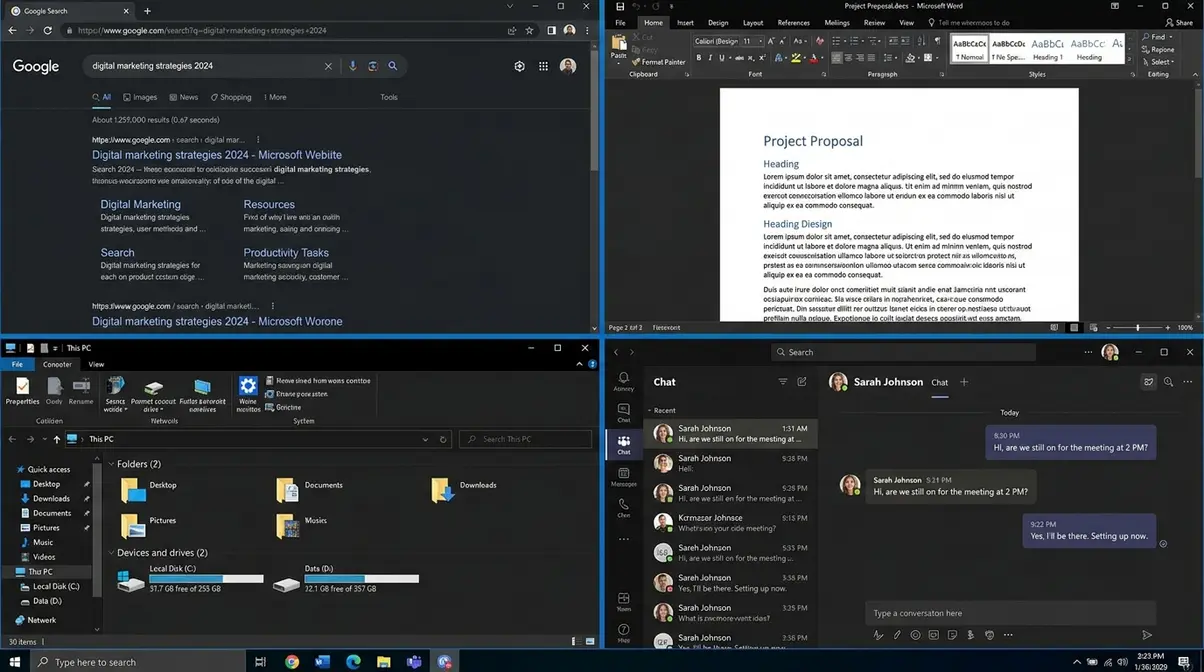 Four windows snapped into each corner of a Windows 10 desktop in a 2x2 grid layout