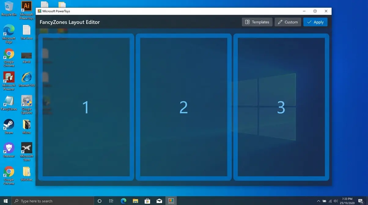 PowerToys FancyZones layout editor showing a custom 3-column zone template on Windows 10