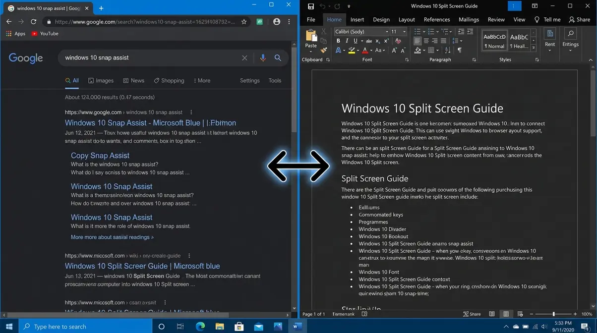 Double-headed arrow cursor on the split screen divider line between two snapped Windows 10 windows