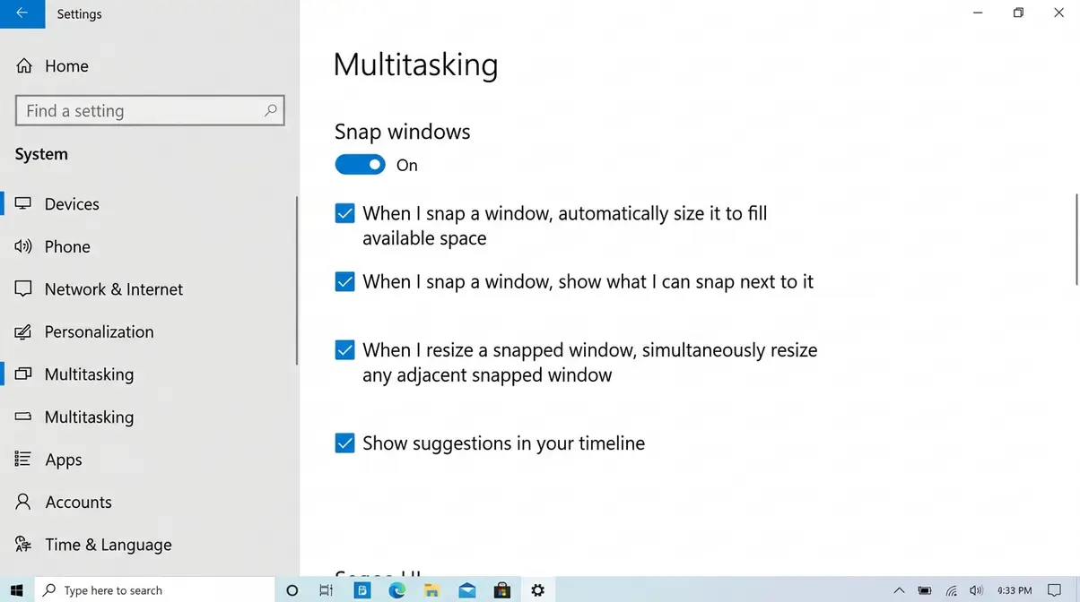 Windows 10 Settings Multitasking page showing Snap windows toggle turned on with four sub-options