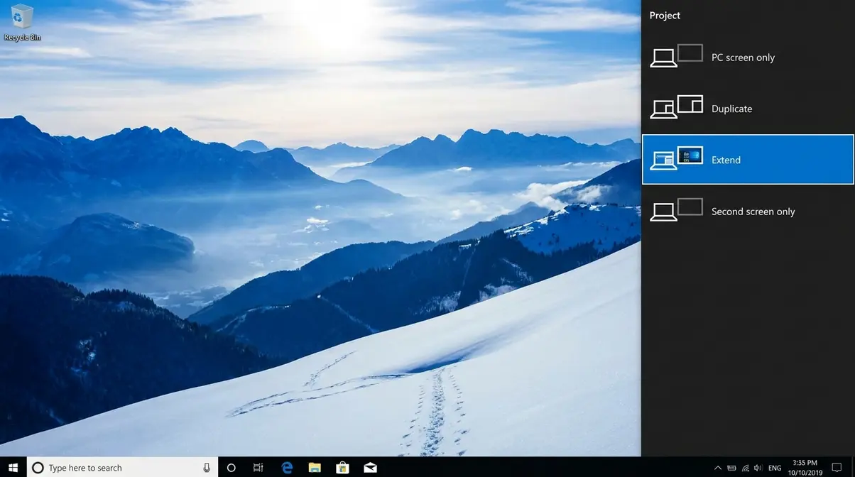 Windows 10 Win+P Project panel showing the Extend option highlighted for dual monitor setup