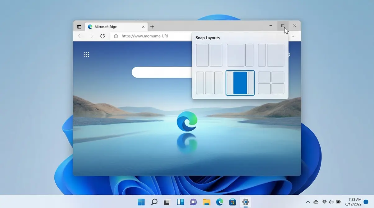 Windows 11 Snap Layouts panel showing six layout options above the maximize button