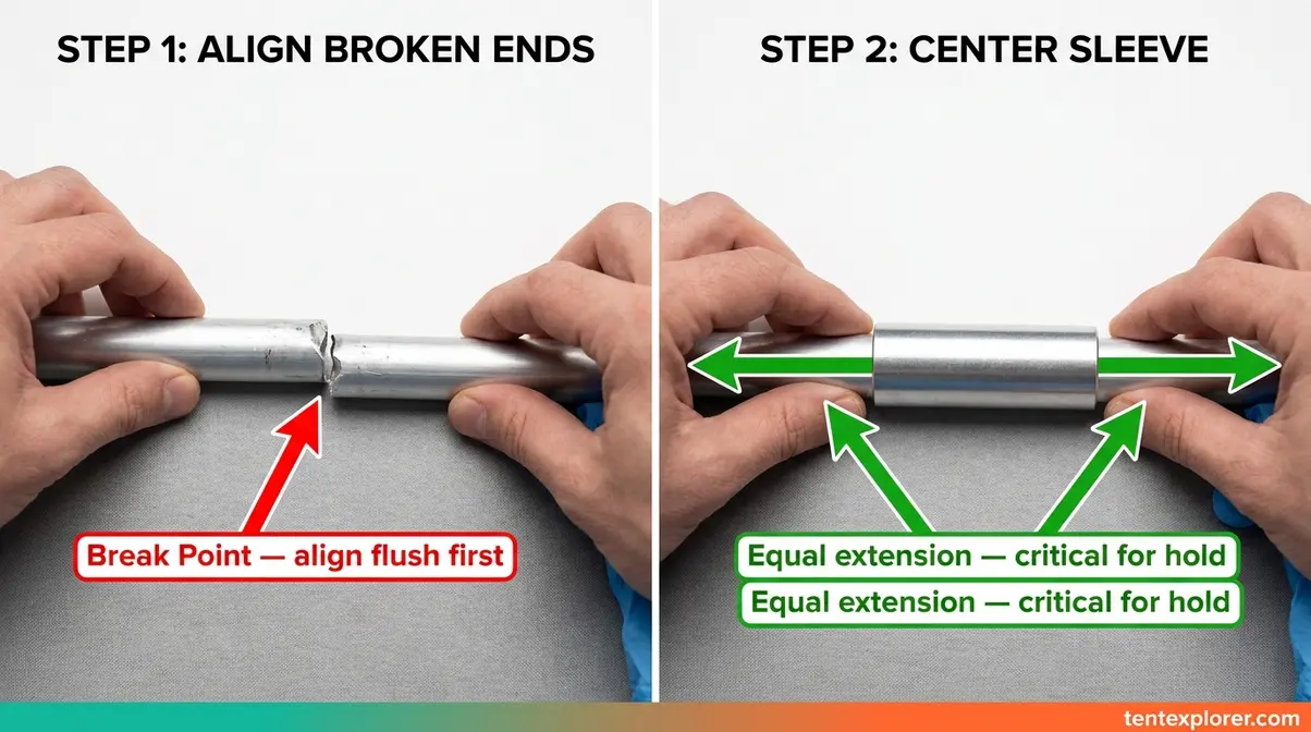 Hands centering a metal repair sleeve over a broken aluminum tent pole section with equal extension on both sides