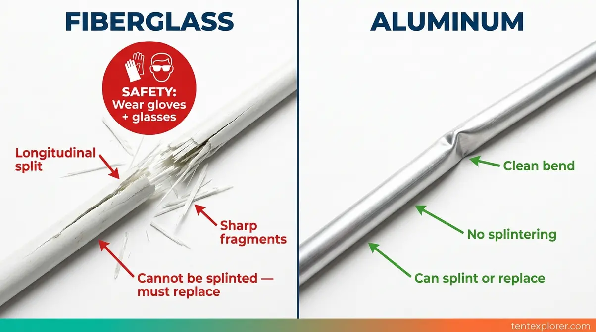 Side-by-side comparison of fiberglass pole splinter damage versus clean aluminum pole bend showing how material determines repair method