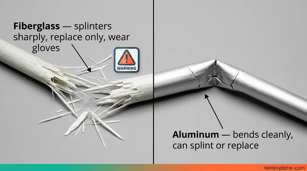 Side-by-side comparison of fiberglass pole splinter damage versus clean aluminum pole bend showing repair method differences