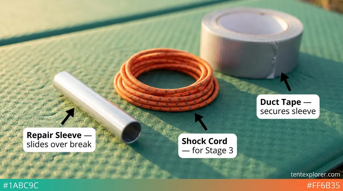 Close-up of tent pole repair kit components — metal sleeve, shock cord, and duct tape — laid out on a camping mat