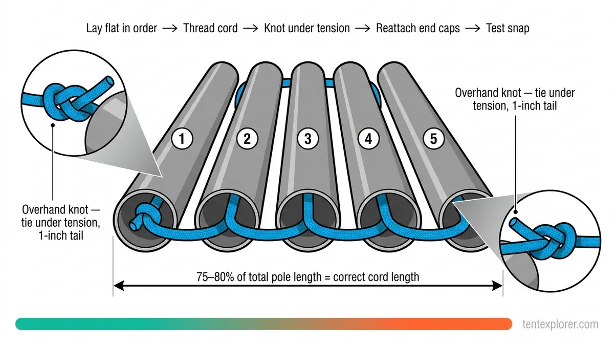 Diagram showing shock cord threaded through tent pole sections with knot positions at each end cap