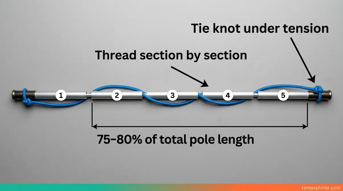 Shock cord threaded through numbered tent pole sections with overhand knots tied at both end caps