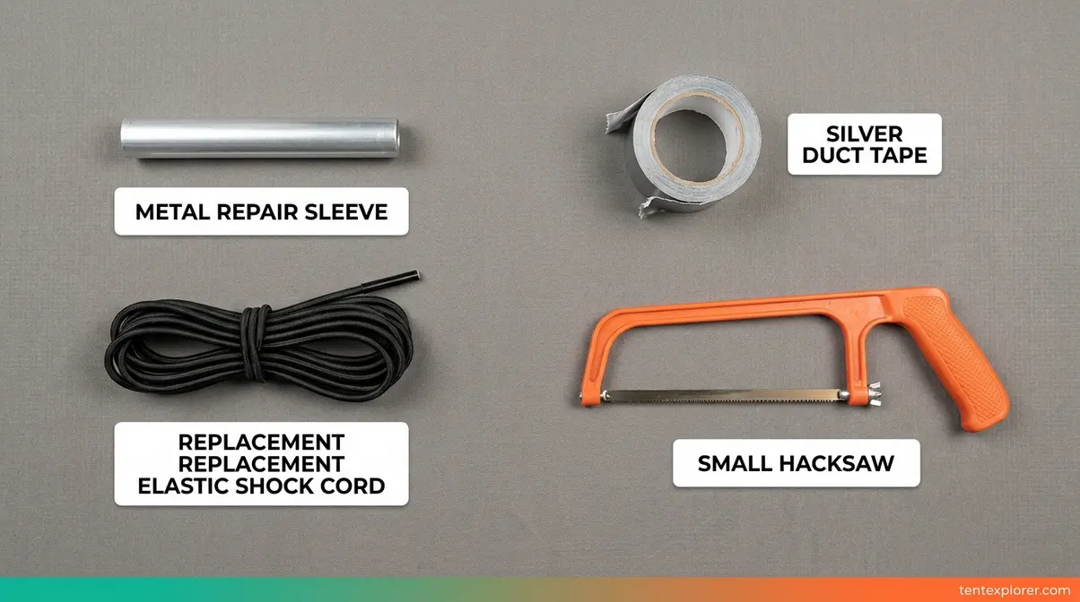 Tent pole repair kit contents — metal sleeve, shock cord, duct tape, and hacksaw labeled for identification