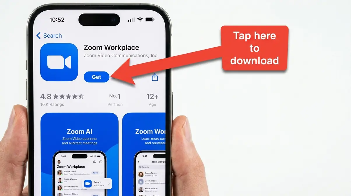 iPhone App Store showing Zoom Workplace download page with annotated Get button for beginners