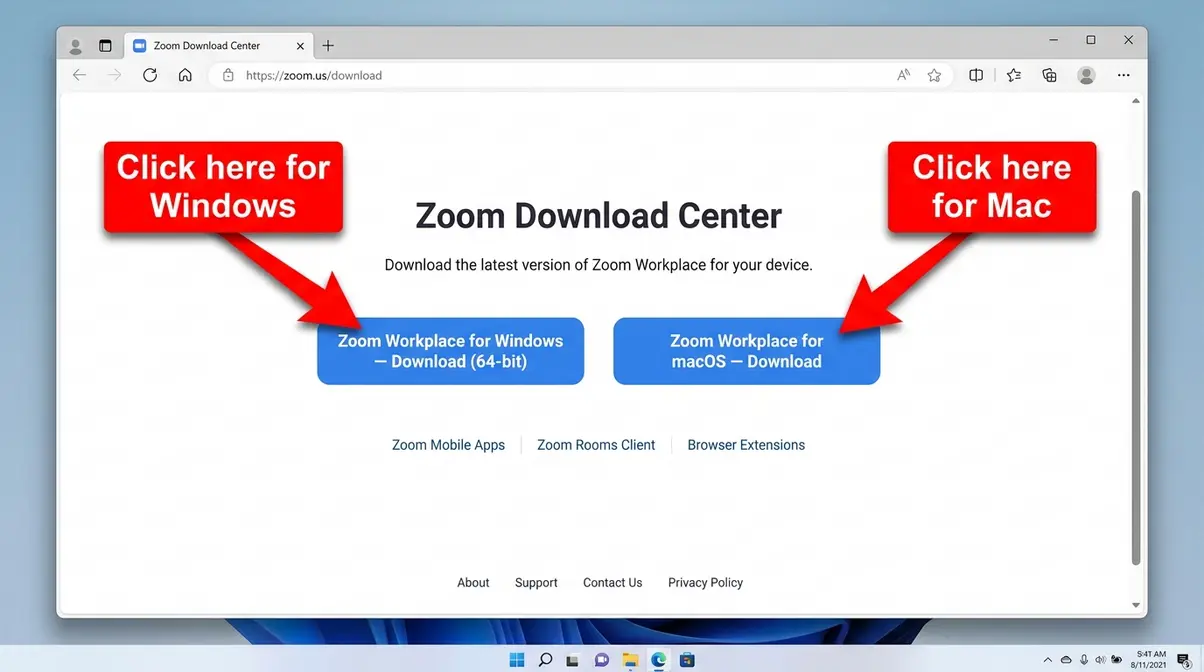 Zoom Download Center page showing Windows and Mac download buttons with annotated arrows for beginners