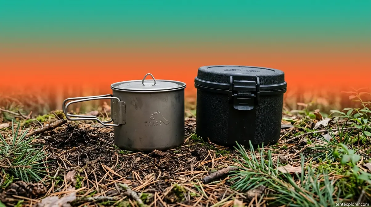 Clean titanium camping pot next to a secure bear canister in the woods