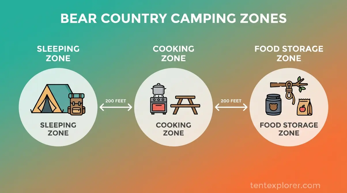 Bear country dishwashing safety diagram showing scent management and food storage protocols for camping