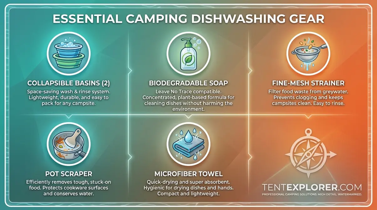 Essential gear checklist for washing dishes when camping including buckets, biodegradable soap, and mesh strainer