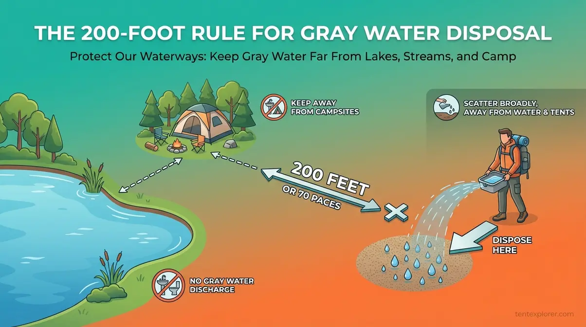 Diagram showing 200-foot rule for gray water disposal when camping with distance from water sources and campsite