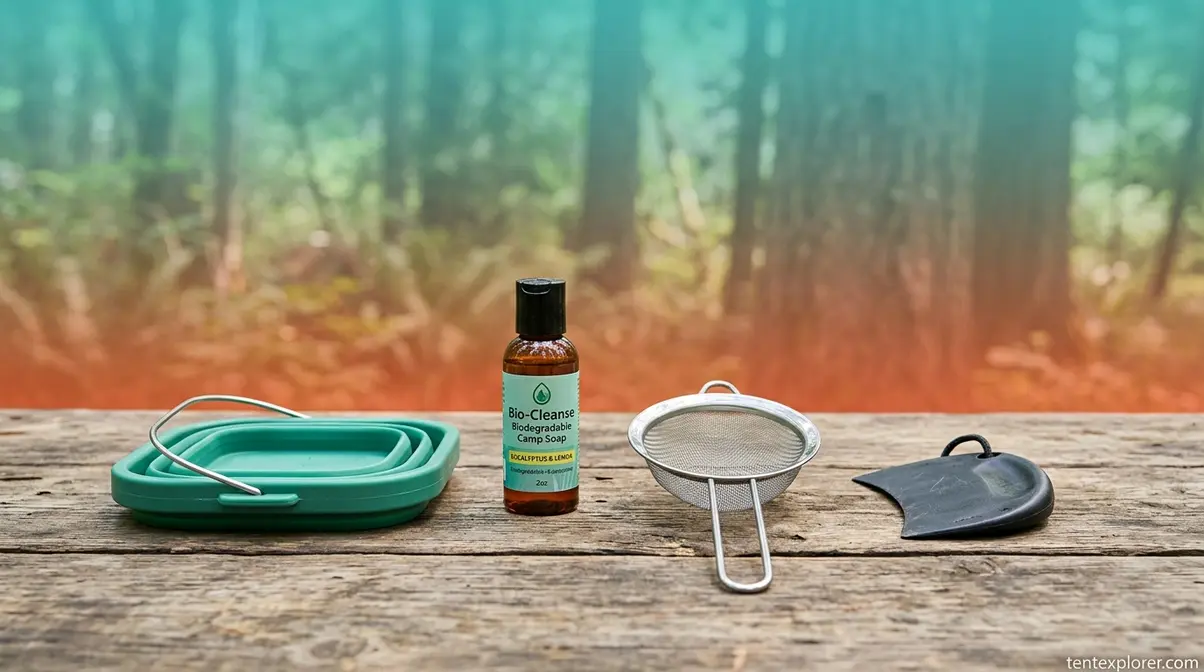 Basic camping dishwashing gear including a basin, soap, and mesh strainer