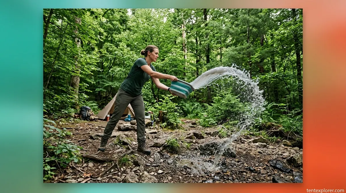Camper scattering gray water over soil away from the campsite