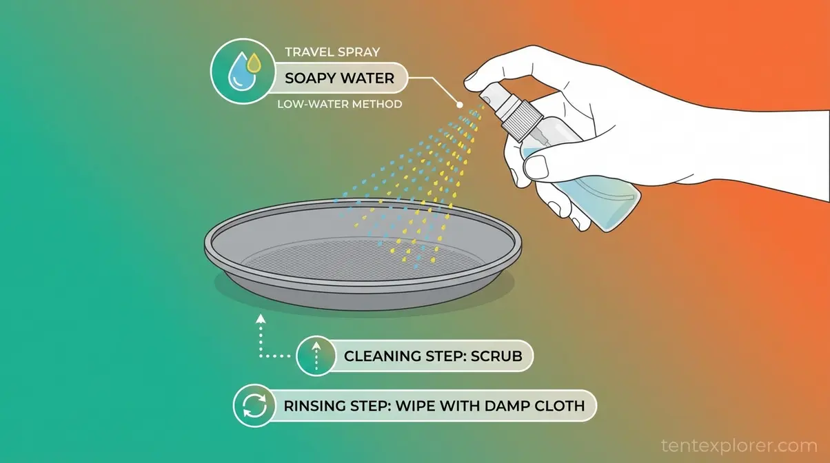 Spray bottle low-water dishwashing method for dry camping with minimal water use