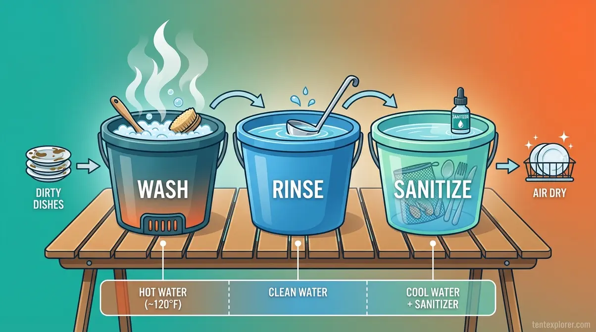 How to wash dishes when camping using a 3-bucket system labeled wash rinse and sanitize with water temperatures