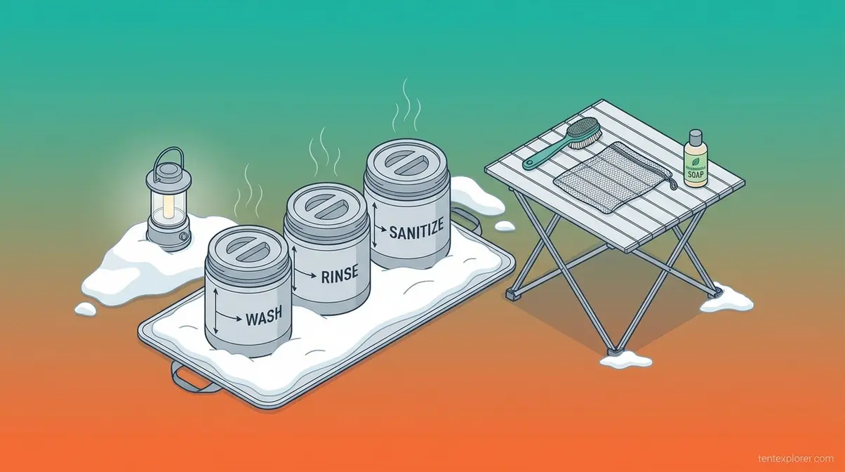 Winter camping dishwashing station setup with insulated pots and cold weather bucket system