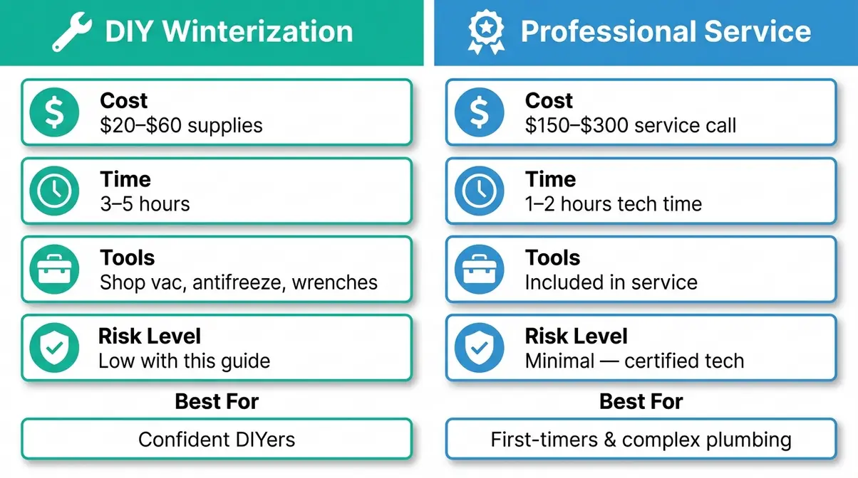 Infographic comparing DIY hot tub winterization cost and effort versus professional service