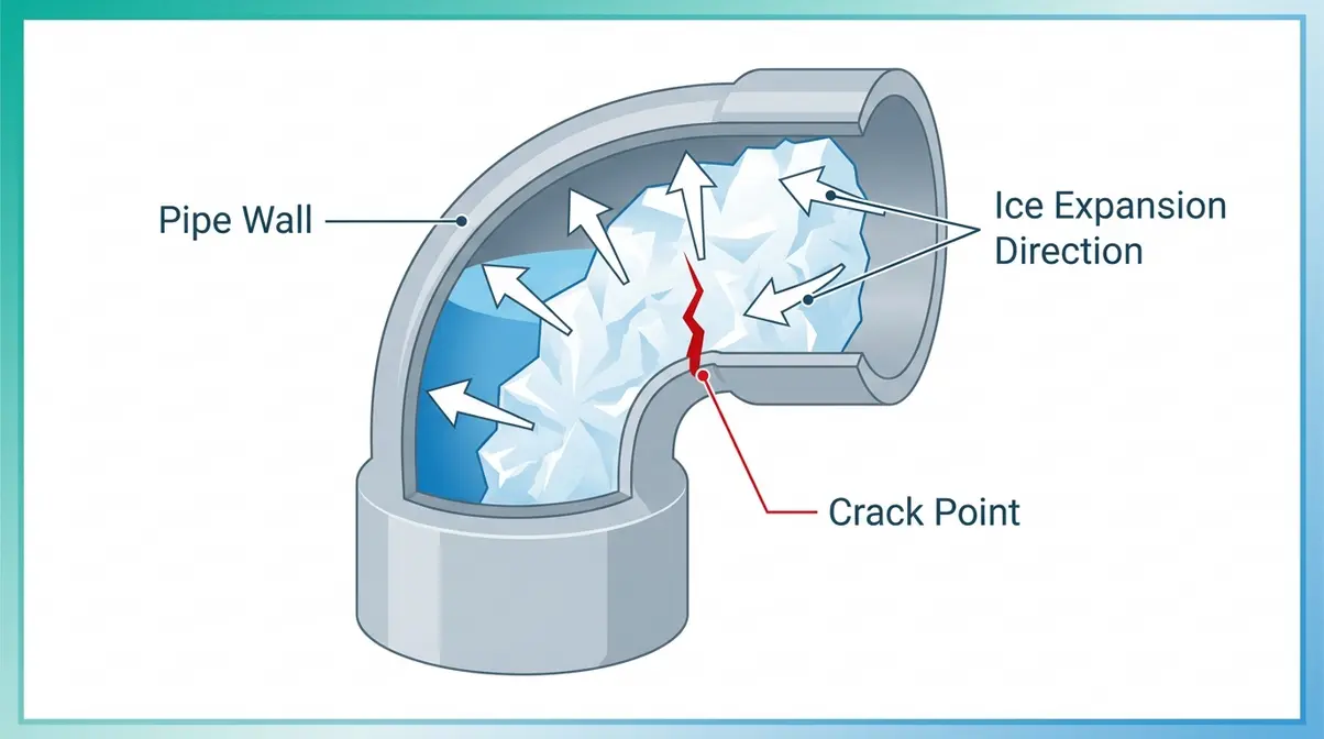 Cross-section diagram showing how frozen water expands and cracks hot tub PVC pipe at elbow fitting