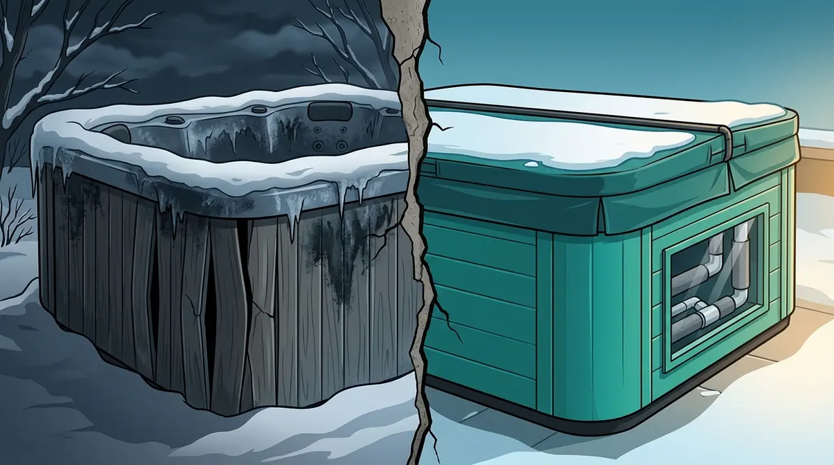 Split scene showing neglected frozen hot tub versus properly winterized hot tub protected from freeze damage