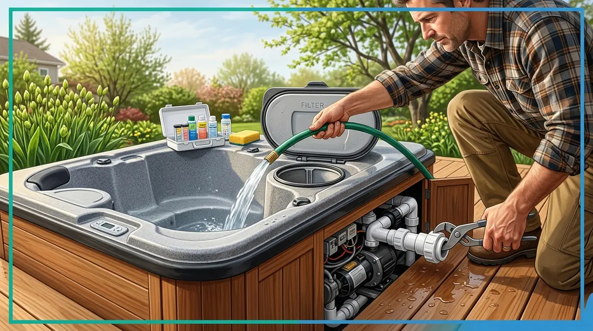 Homeowner refilling hot tub through filter canister during spring de-winterization startup process
