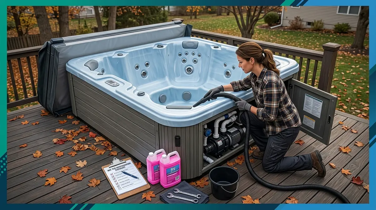 Homeowner using shop vac on hot tub jets during step-by-step winterization process on autumn deck