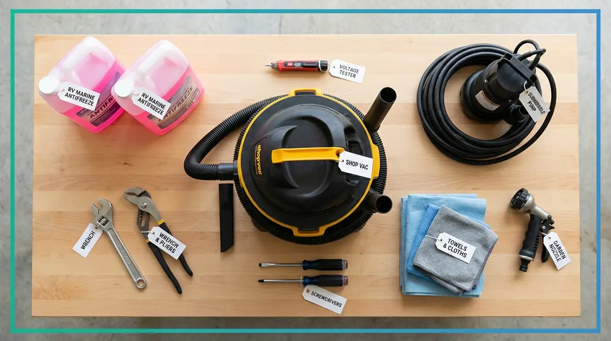 Complete hot tub winterization tools laid out including shop vac, submersible pump, wrenches, and antifreeze