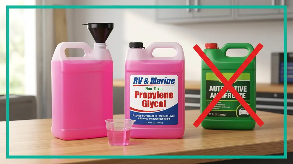 Pink RV Marine propylene glycol antifreeze jugs for hot tub winterization next to crossed-out automotive antifreeze