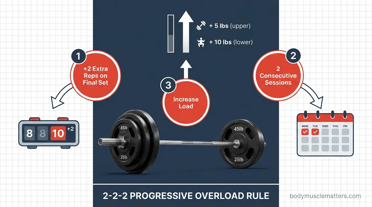 2-2-2 progressive overload rule explained with barbell, rep counter, and calendar icons for gym training