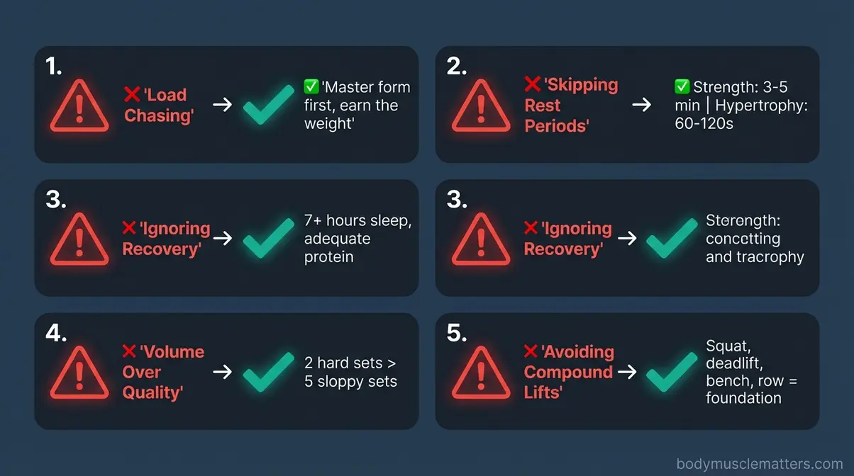 Five common beginner gym mistakes with corrections: load chasing, skipping rest, ignoring recovery, volume over quality, avoiding compounds