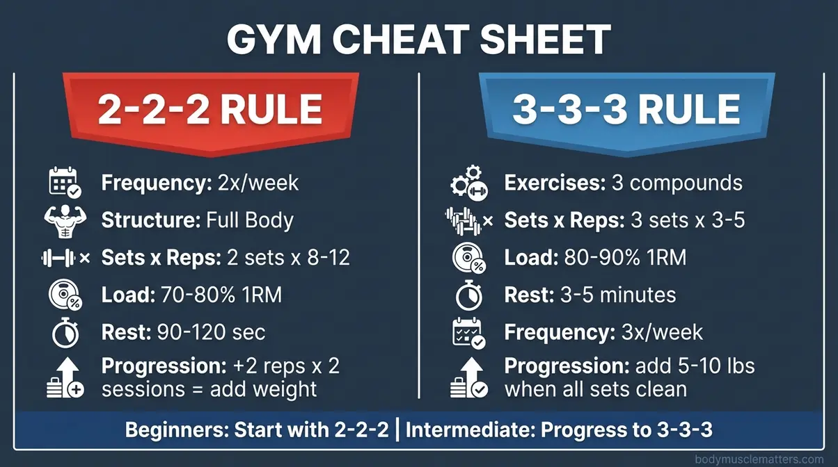 2-2-2 rule vs 3-3-3 rule gym cheat sheet for hypertrophy and strength training side by side