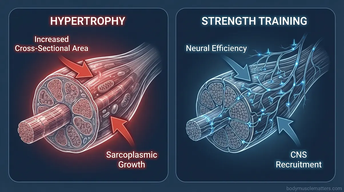 Anatomical diagram comparing hypertrophied muscle fiber cross-section versus strength-trained neural adaptation