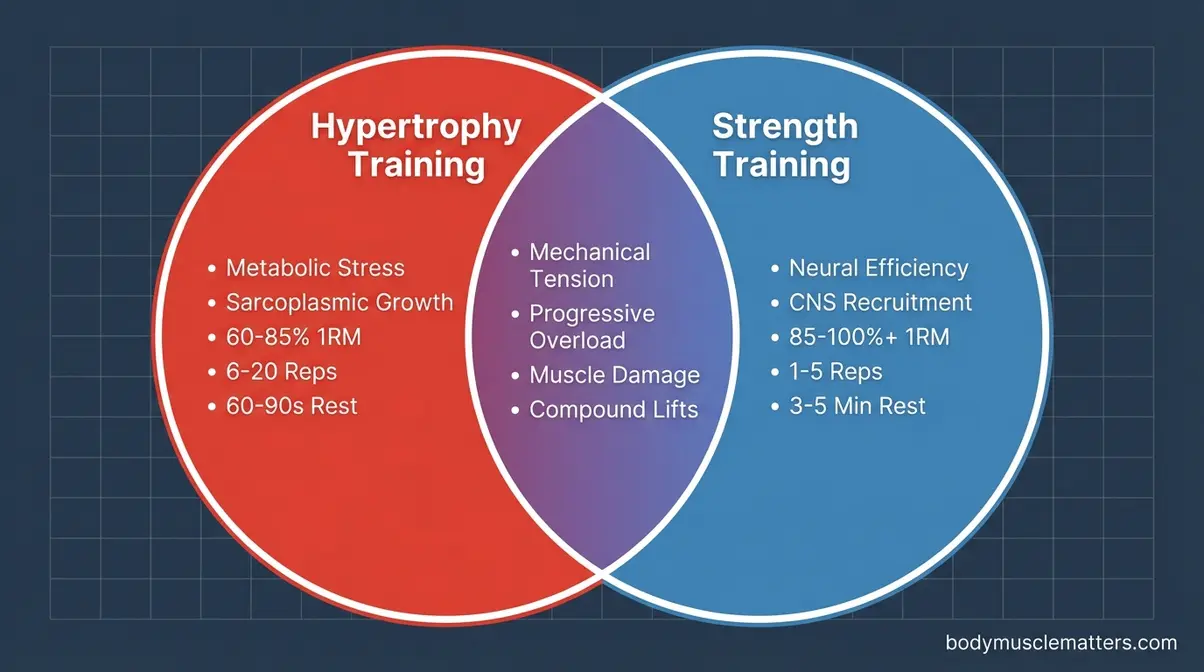 Hypertrophy vs strength training venn diagram showing mechanical tension and metabolic stress overlap