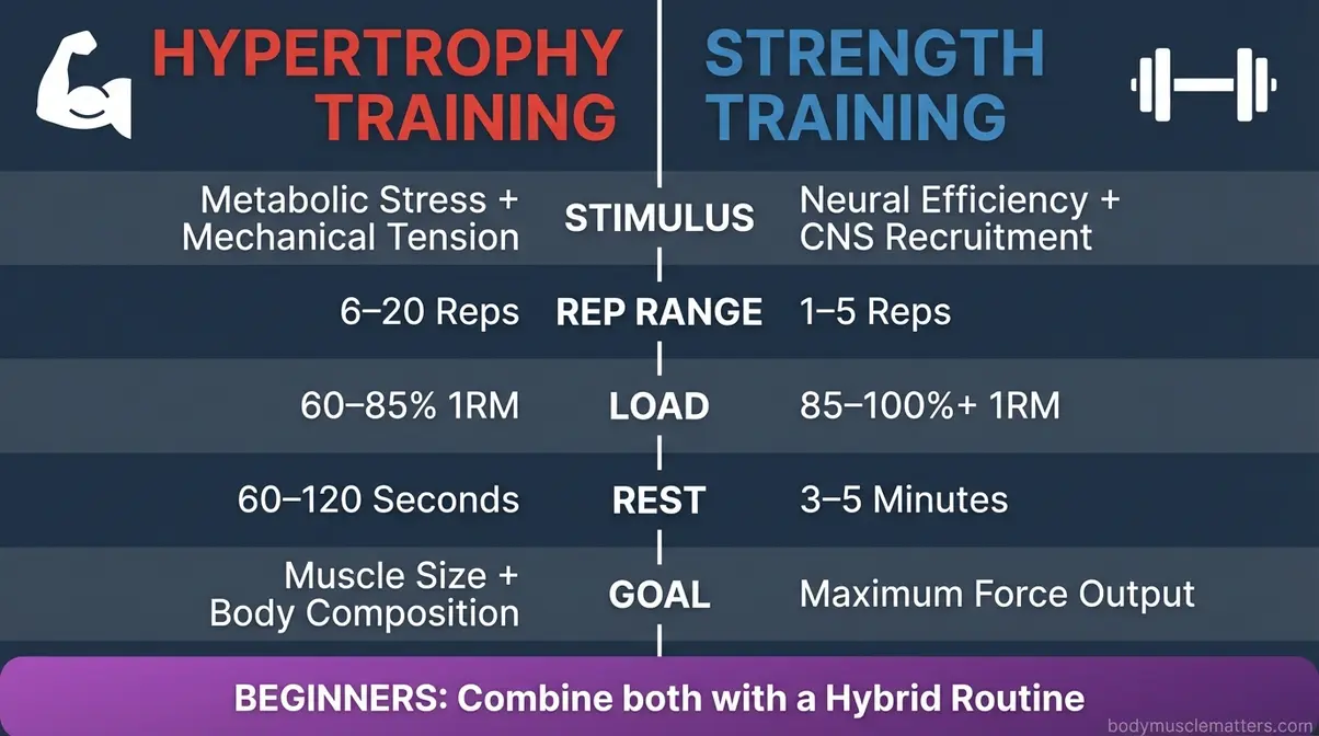 Hypertrophy vs strength training comparison infographic showing rep ranges load rest periods and goals side by side