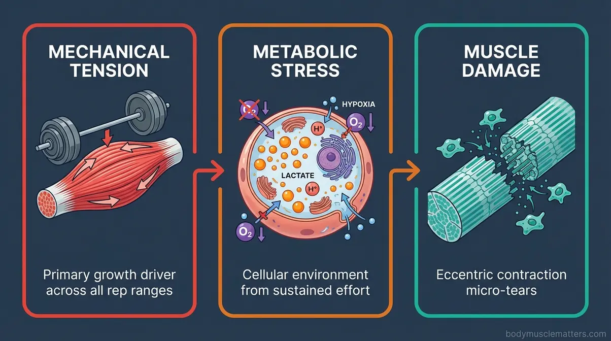 Three core mechanisms of muscle growth: mechanical tension, metabolic stress, and muscle damage illustrated