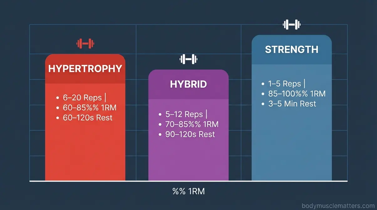 Bar chart comparing rep ranges, load percentage, and rest periods for hypertrophy, hybrid, and strength training