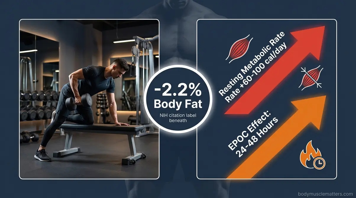 Resistance training fat loss infographic showing resting metabolic rate boost and EPOC afterburn effect statistics